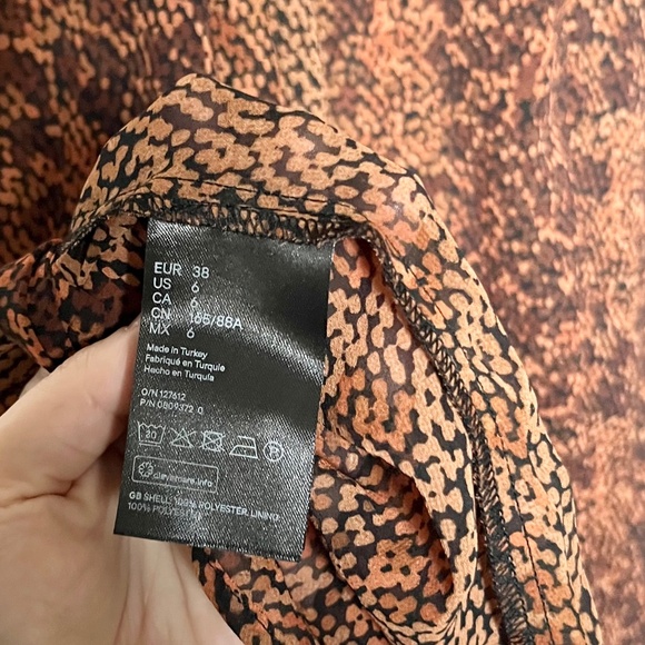 H&M Cuffed Sleeve Button-front Printed Brown Chiffon Midi Dress Sheer Size 6 - Picture 11 of 14